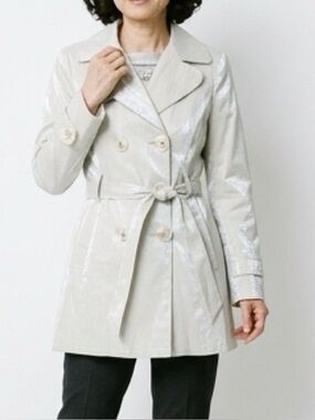 Helene Berman Cream Shiny Double-Breasted Trench Coat with Waist Tie